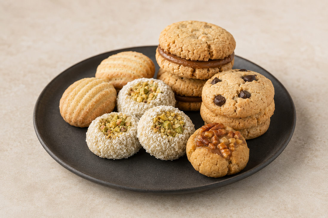 Delicious homemade cookies topped with nuts, raisins, and candied fruits on a slate plate.