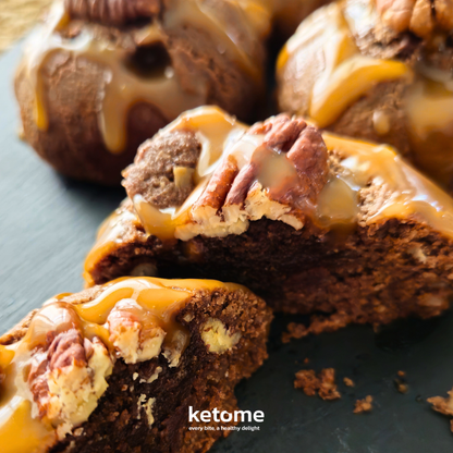 Chocolate cookies with caramel and pecans on a dark surface, branded 'ketome'.