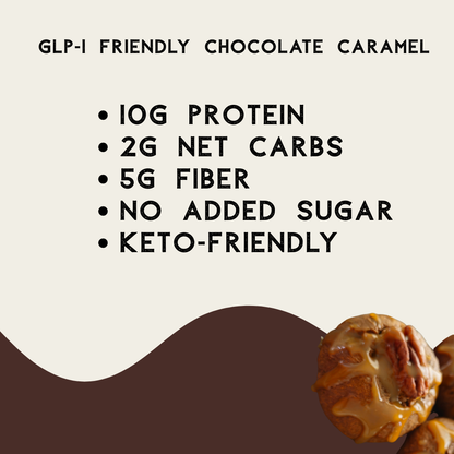 Product packaging with nutritional information and a chocolate caramel flavor description.