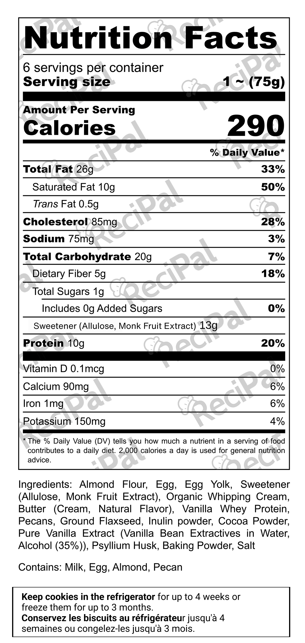 Nutrition facts label for keto chocolate caramel protein cookies